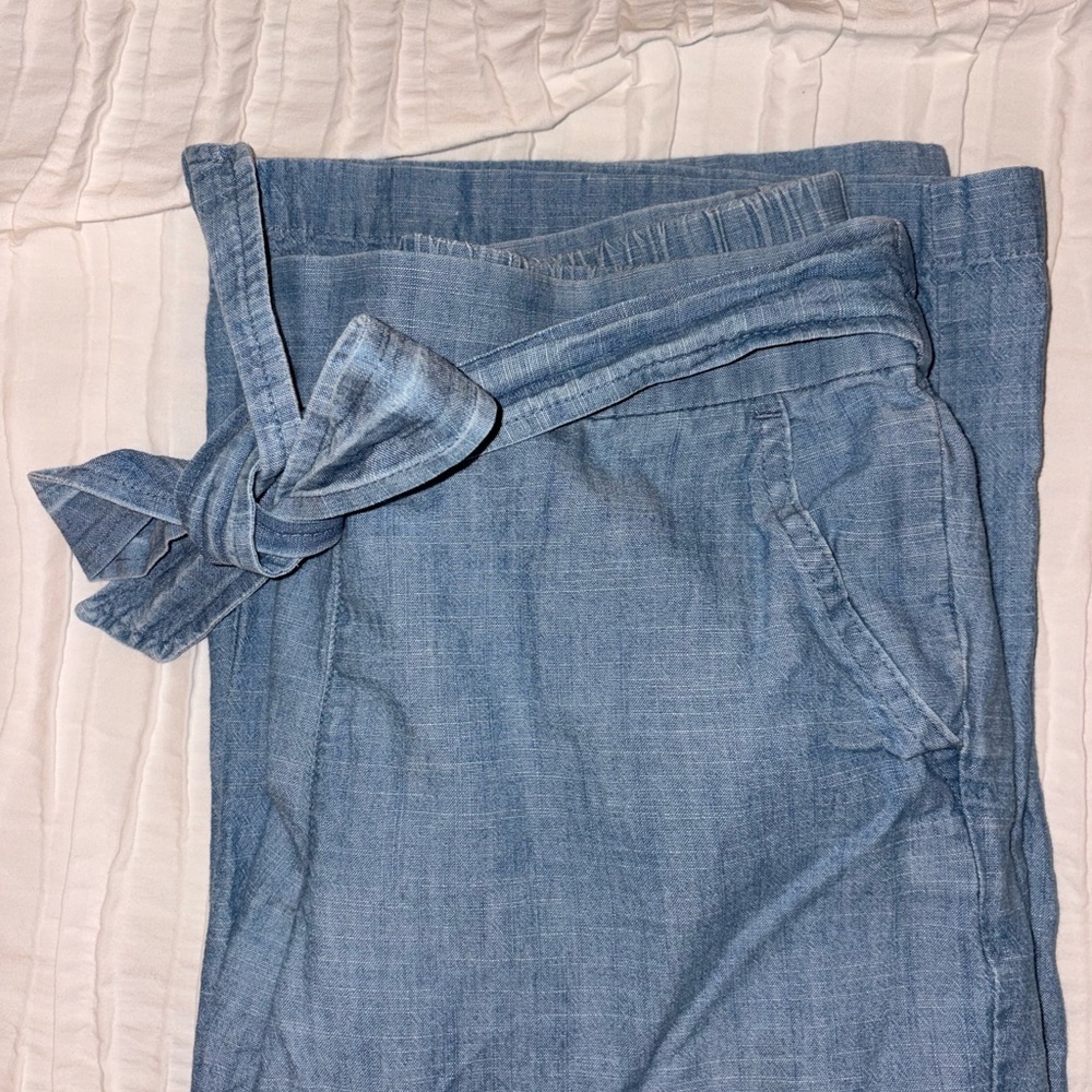 J. Crew Blue Chambray Bow cotton lightweight Flare Wide Leg Goucho Pants 10 - Picture 7 of 7